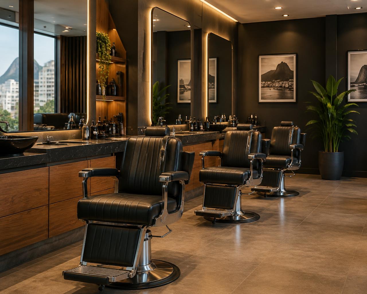 Ambiente ilustrativo com poltronas de couro e espelhos em uma barbearia moderna